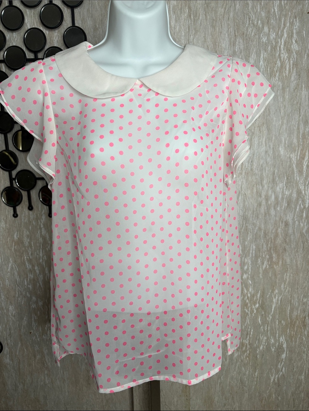 Pink Ruffled Blouse with Flutter Sleeves and Peter Pan Collar
